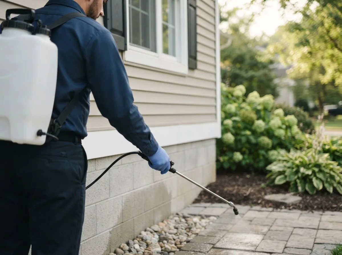 Pest control technician inspecting a home in Jenison, MI